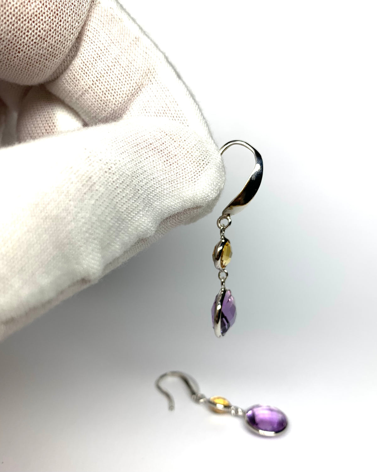 925 Sterling Silver, Yellow Citrine, Purple Amethyst Drop Earrings