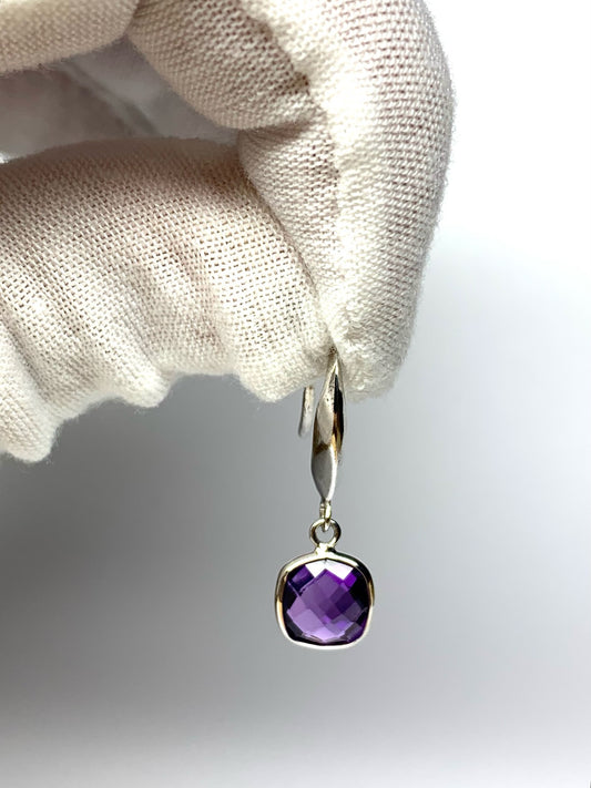 925 Sterling Silver, Purple Amethyst Cushion Earrings