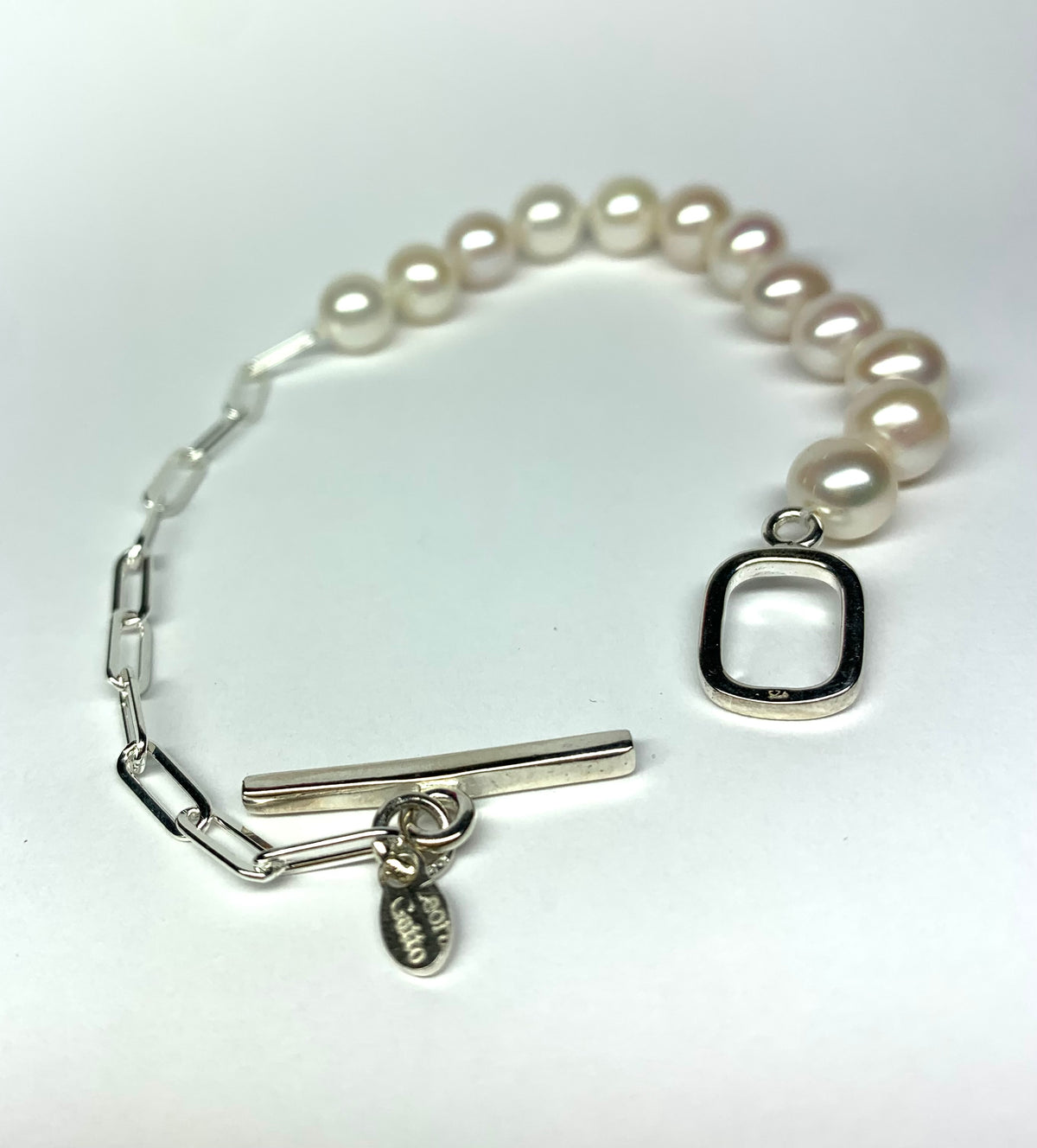 “Nalf and Half” Bracelet, 925 Sterling Silver Paperclip Chain, White Pearls