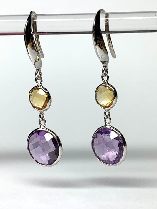 925 Sterling Silver, Yellow Citrine, Purple Amethyst Drop Earrings