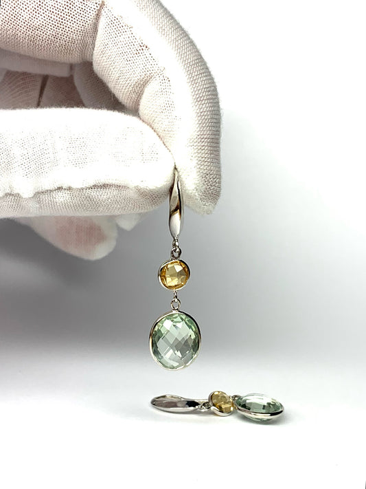 925 Sterling Silver, Yellow Citrine, Green Amethyst Drop Earrings