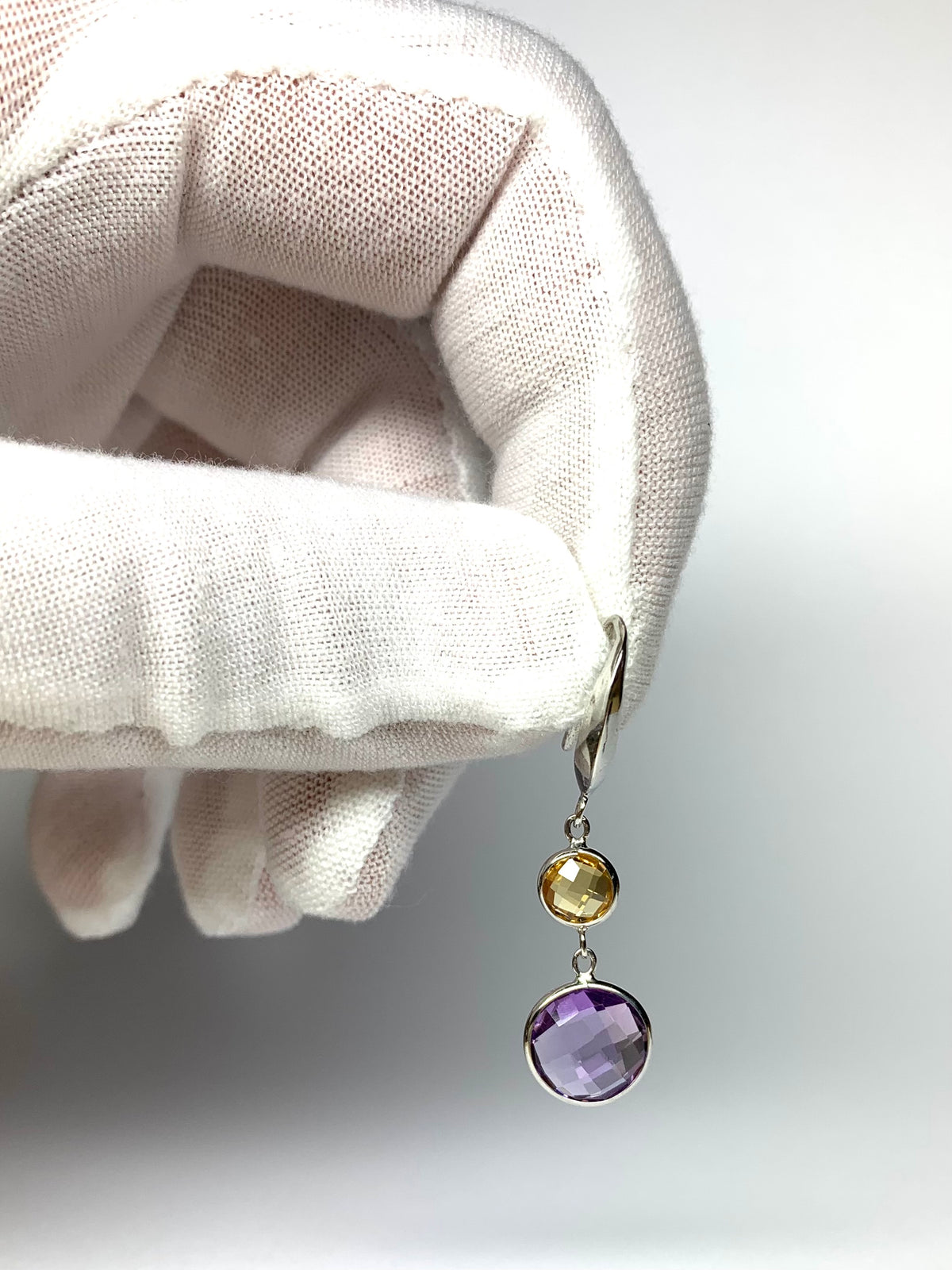925 Sterling Silver, Yellow Citrine, Purple Amethyst Drop Earrings