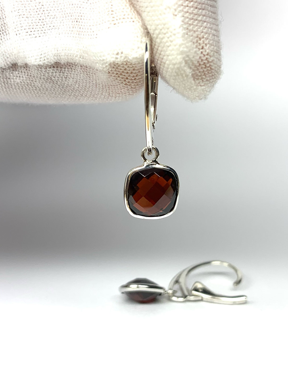 “Cushion”, 925 Sterling Silver, Red Garnet Gemstone Mini Drop Earrings