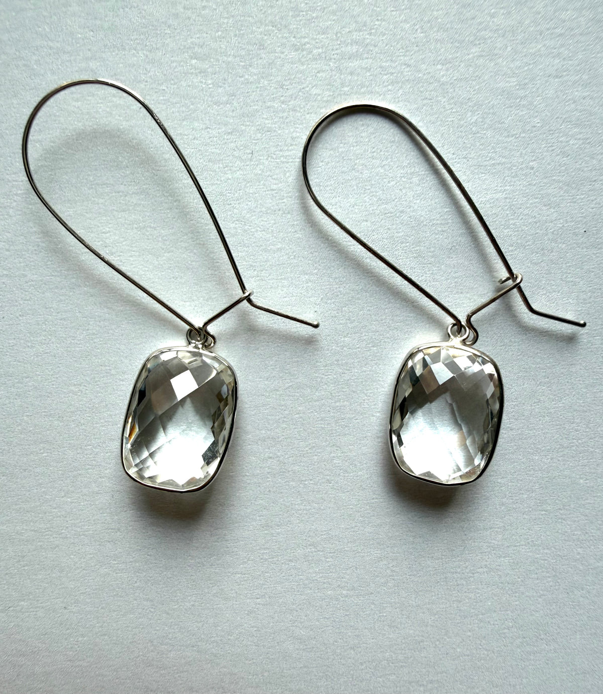 Clear Quartz “Cushions”, 925 Sterling Silver Long Earrings