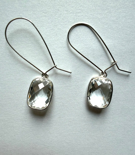 Clear Quartz “Cushions”, 925 Sterling Silver Long Earrings
