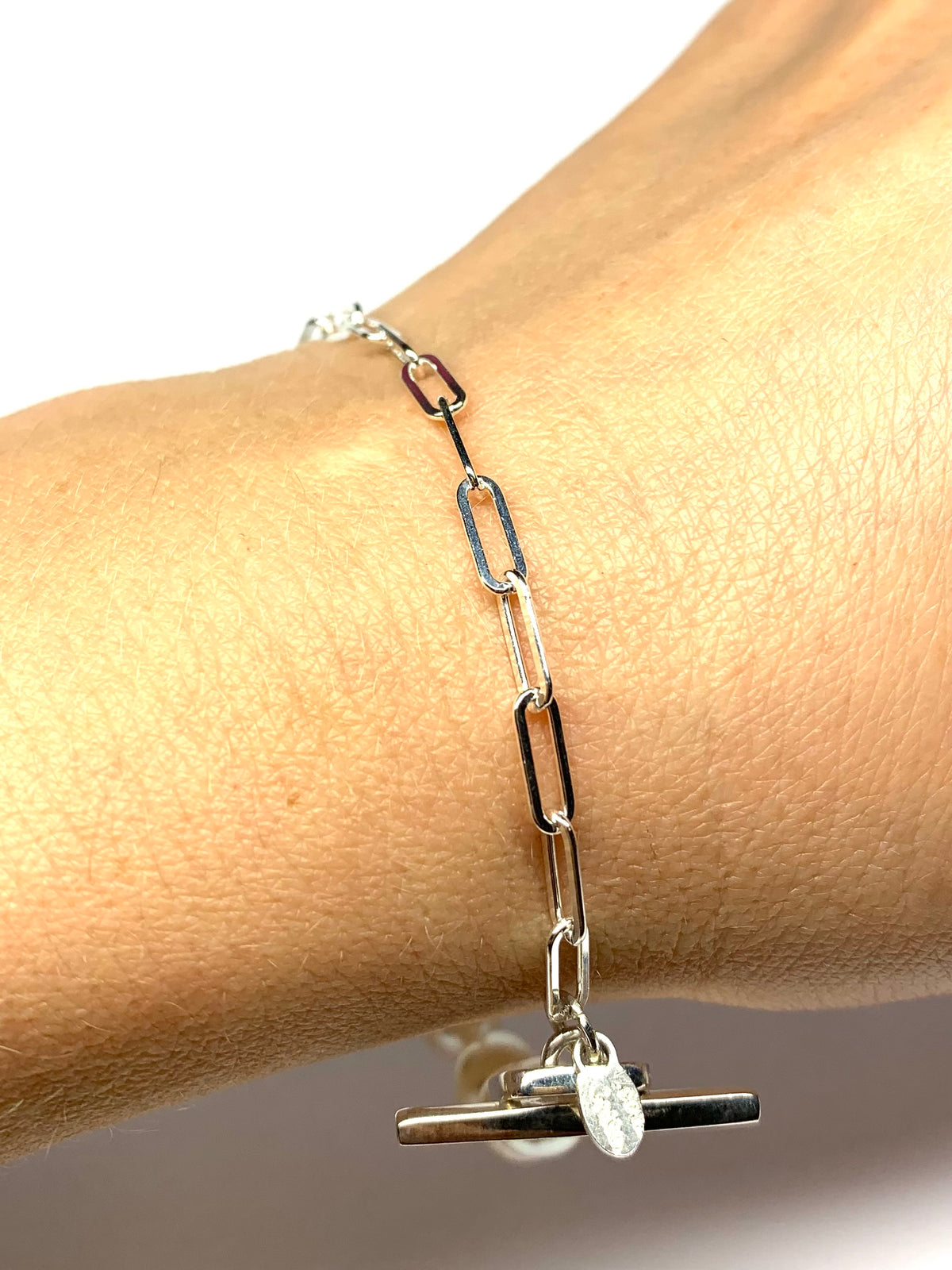 “Nalf and Half” Bracelet, 925 Sterling Silver Paperclip Chain, White Pearls