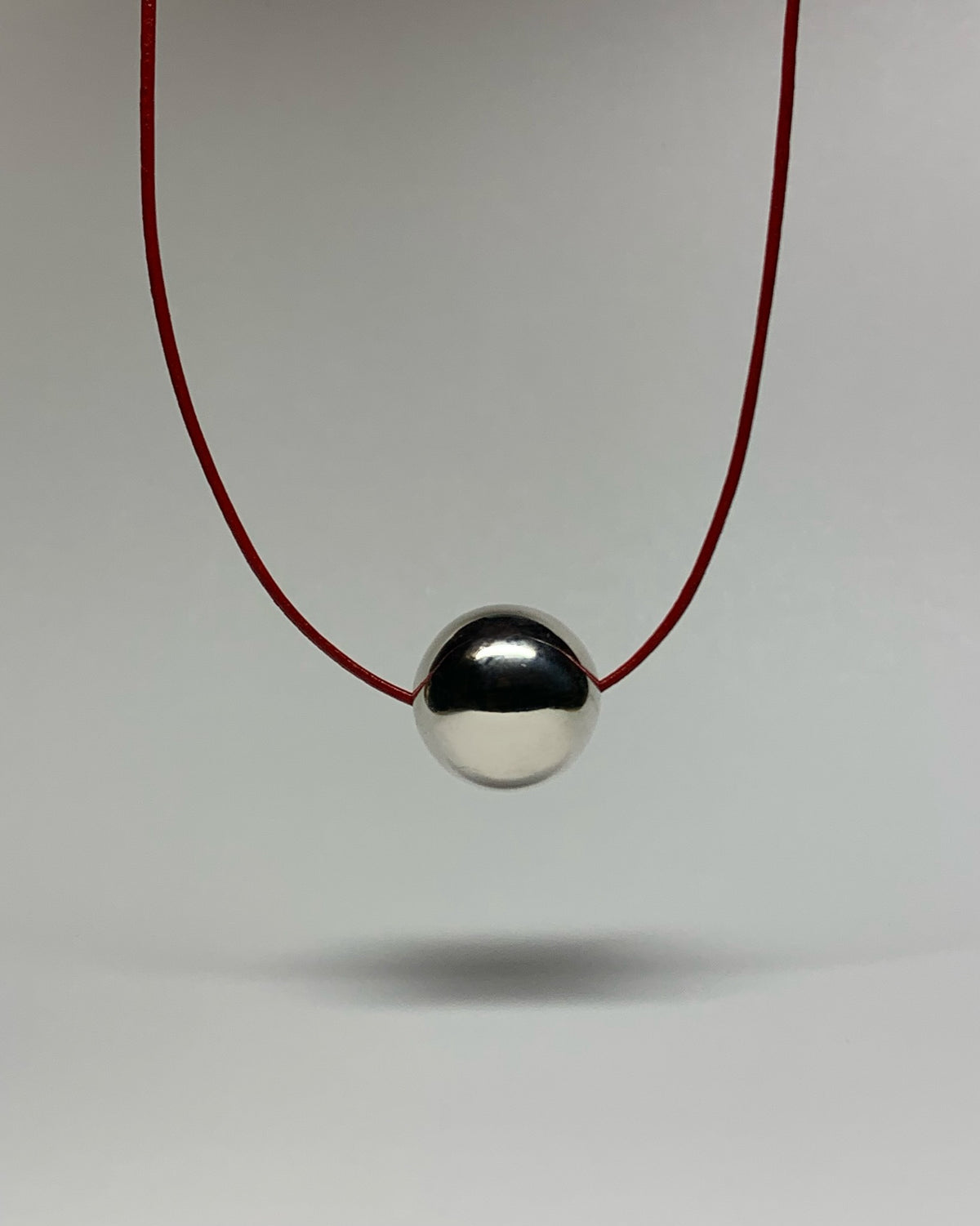 “Sphere” Necklace, 925 Sterling Silver, Red Leather Cord