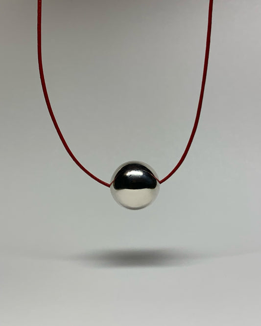 “Sphere” Necklace, 925 Sterling Silver, Red Leather Cord