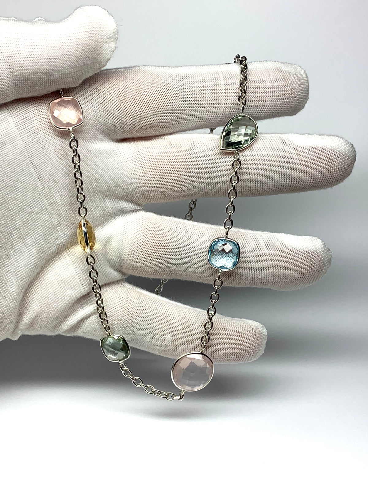 “Flora” Necklace, 925 Sterling Silver, Multi Color Gemstones, Blue Topaz, Citrine, Rose Quartz, Pink Amethyst, Green Amethyst