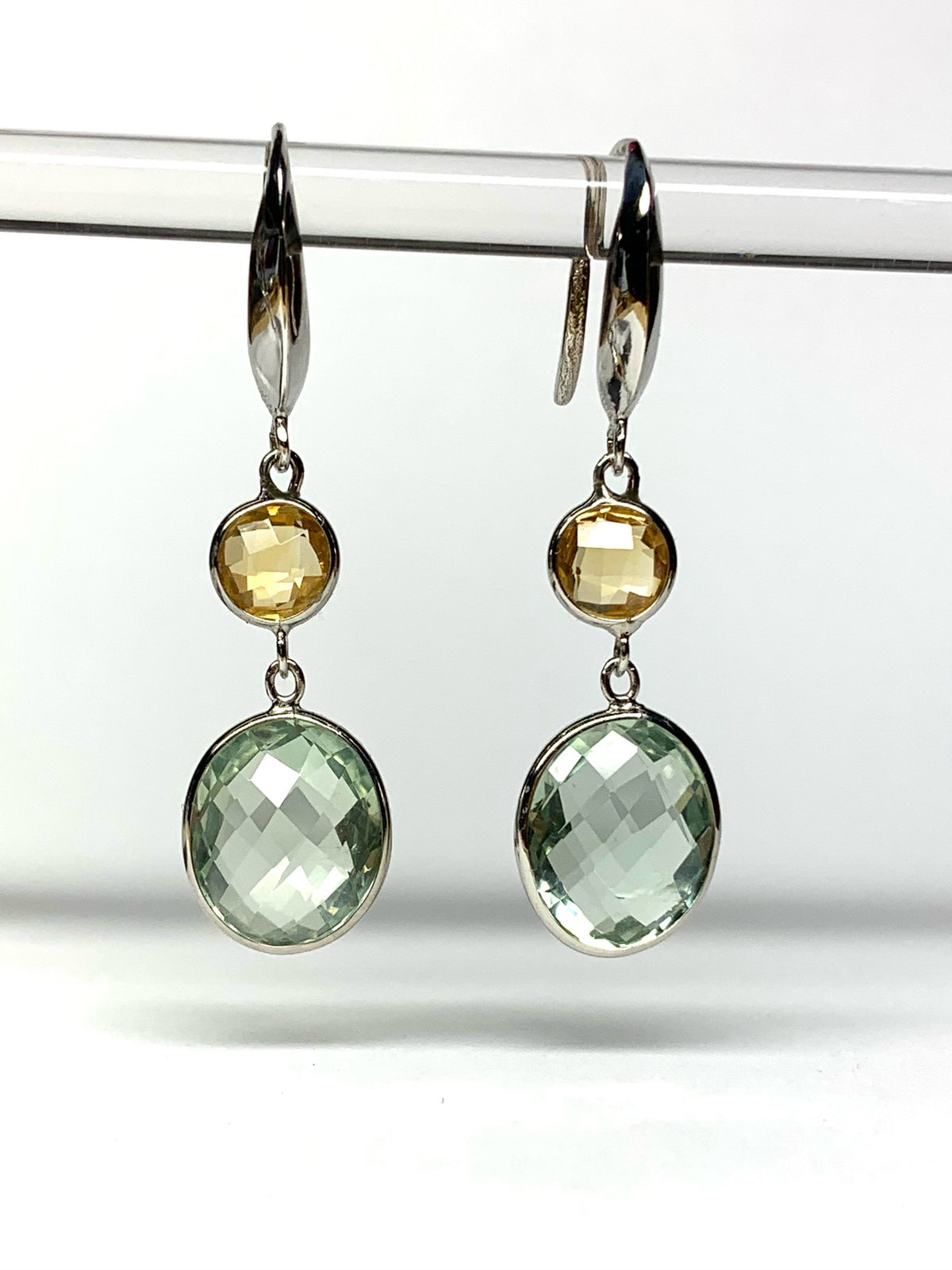 925 Sterling Silver, Yellow Citrine, Green Amethyst Drop Earrings