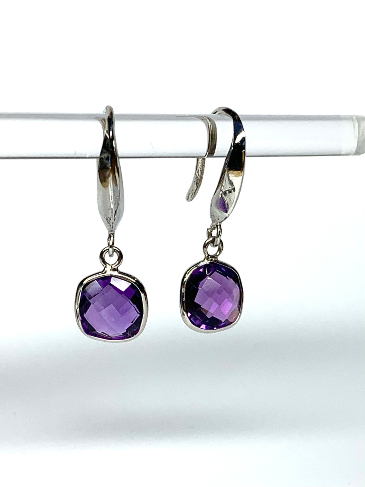 925 Sterling Silver, Purple Amethyst Cushion Earrings