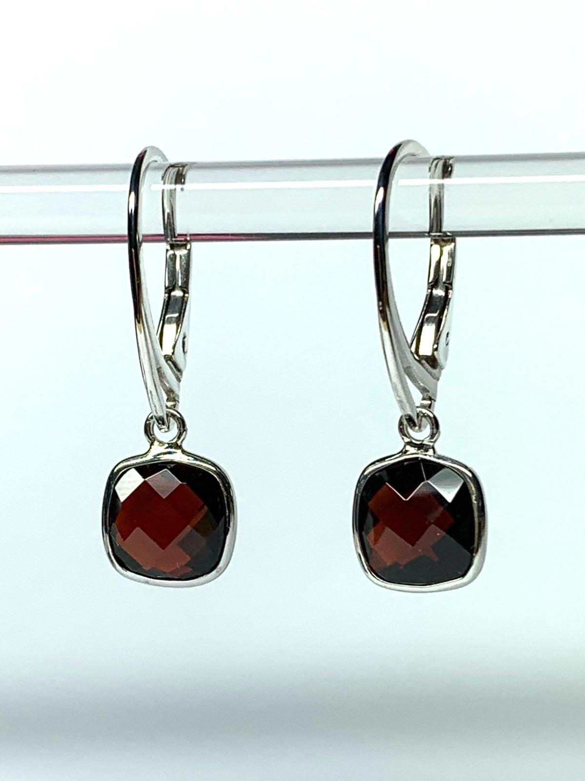 “Cushion”, 925 Sterling Silver, Red Garnet Gemstone Mini Drop Earrings