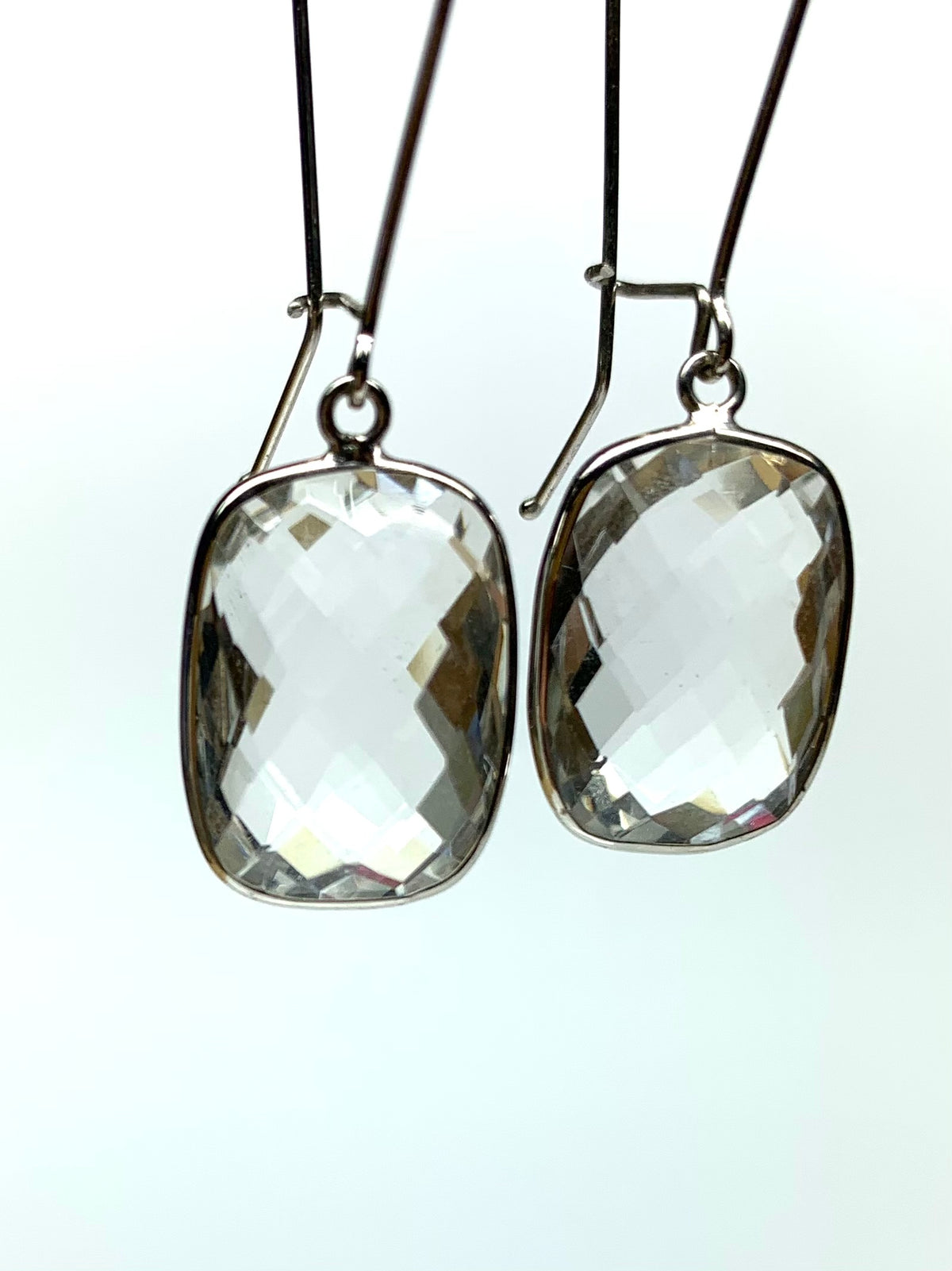 Clear Quartz “Cushions”, 925 Sterling Silver Long Earrings