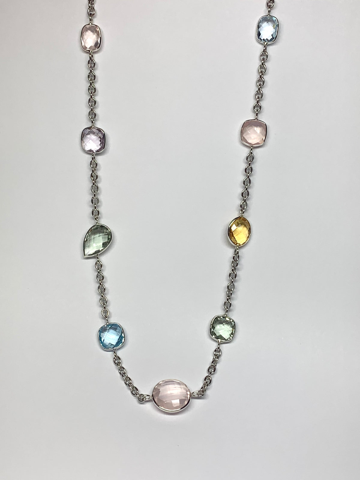 “Flora” Necklace, 925 Sterling Silver, Multi Color Gemstones, Blue Topaz, Citrine, Rose Quartz, Pink Amethyst, Green Amethyst