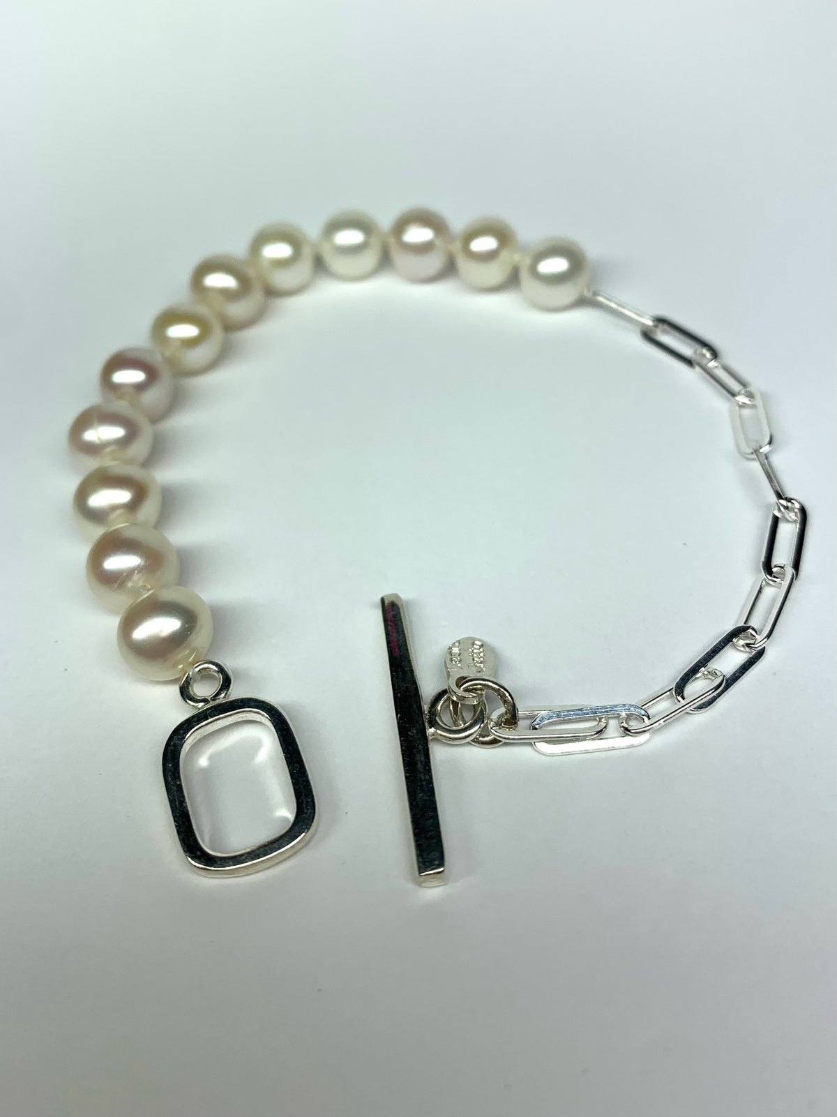 “Nalf and Half” Bracelet, 925 Sterling Silver Paperclip Chain, White Pearls