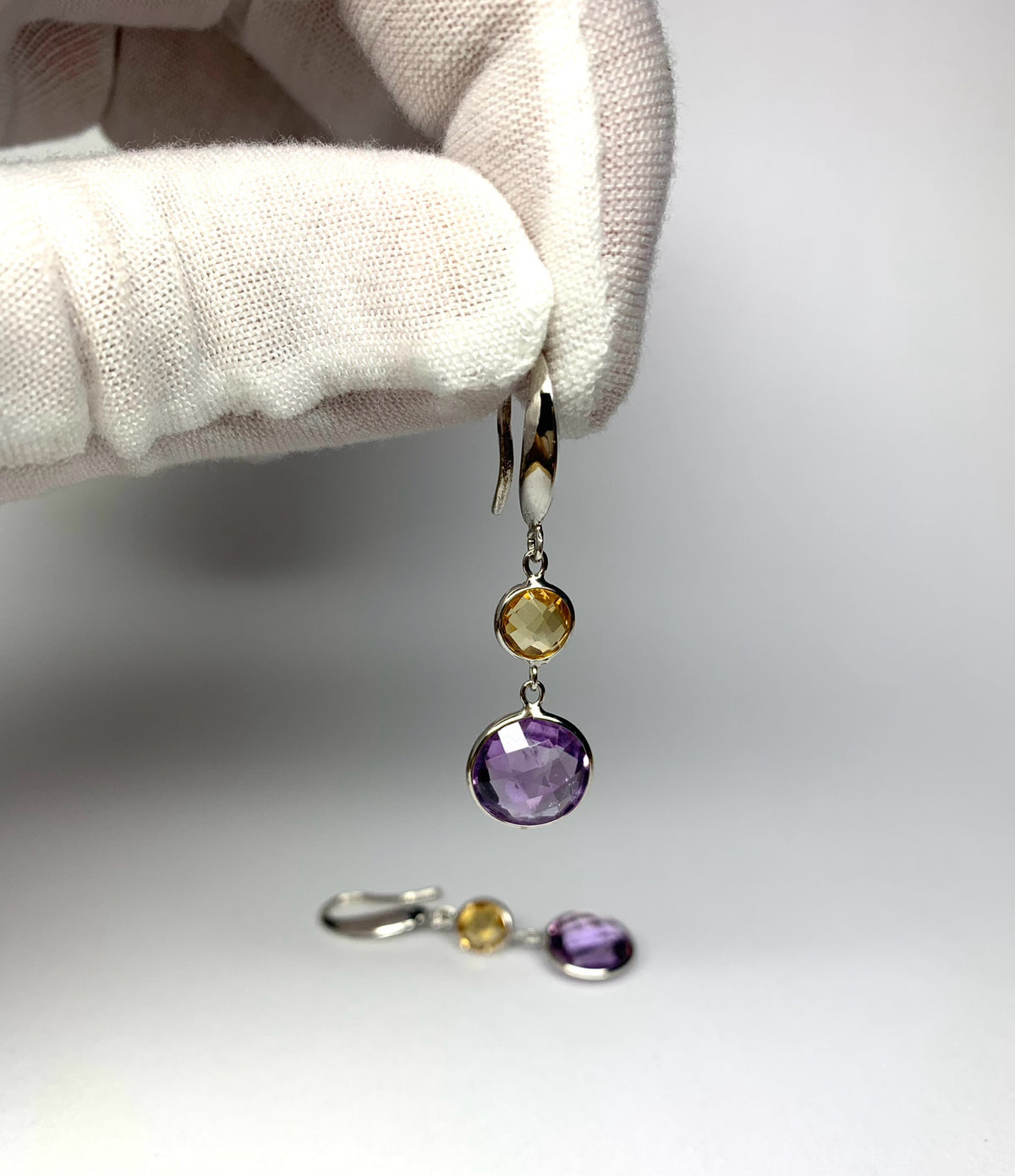 925 Sterling Silver, Yellow Citrine, Purple Amethyst Drop Earrings