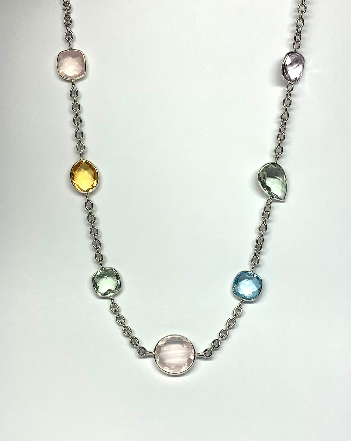 “Flora” Necklace, 925 Sterling Silver, Multi Color Gemstones, Blue Topaz, Citrine, Rose Quartz, Pink Amethyst, Green Amethyst