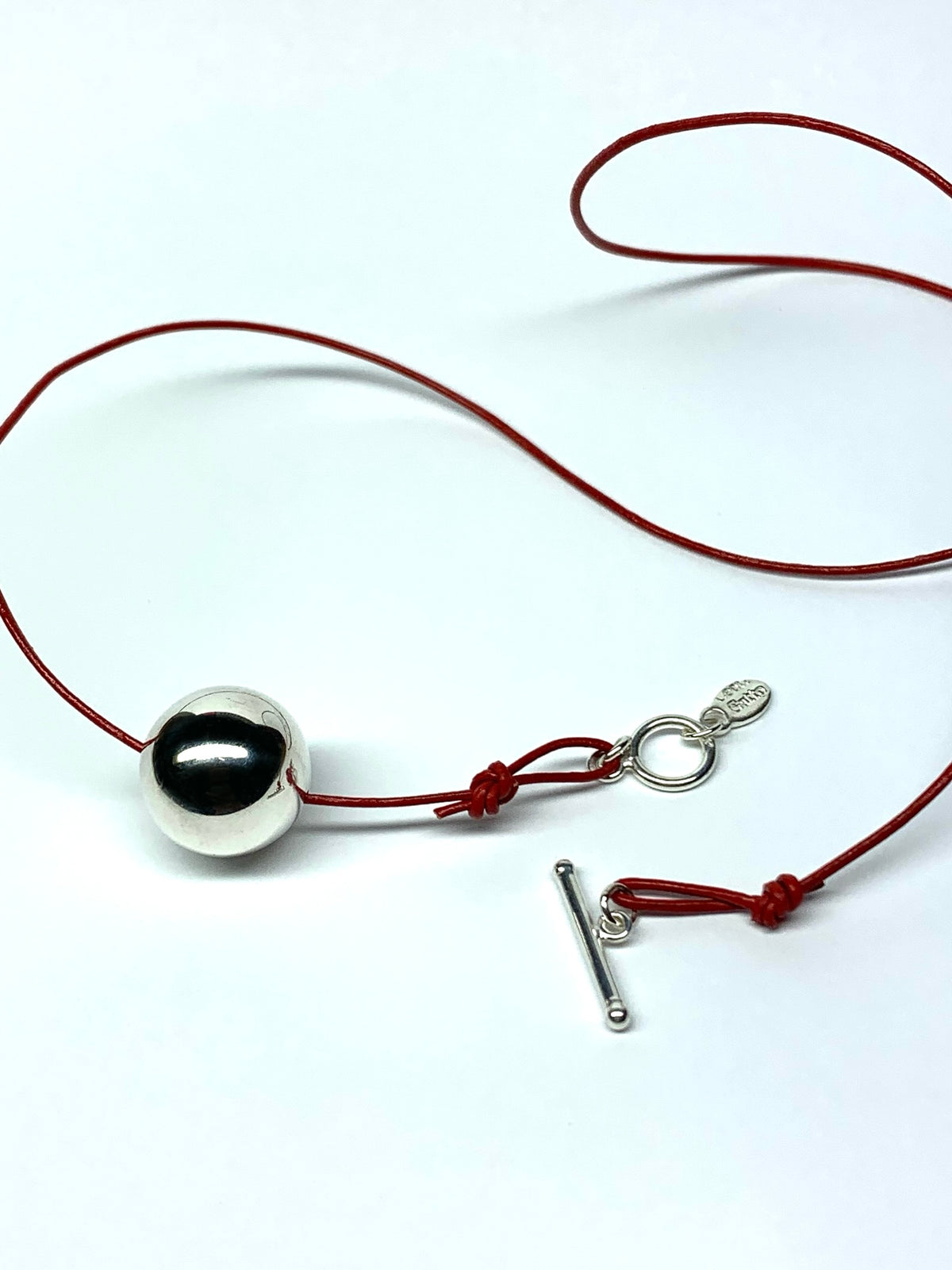 “Sphere” Necklace, 925 Sterling Silver, Red Leather Cord