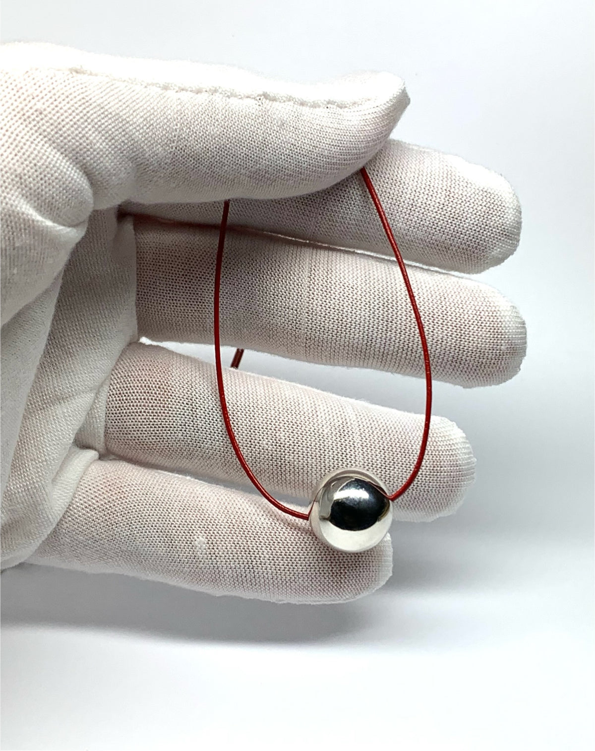“Sphere” Necklace, 925 Sterling Silver, Red Leather Cord