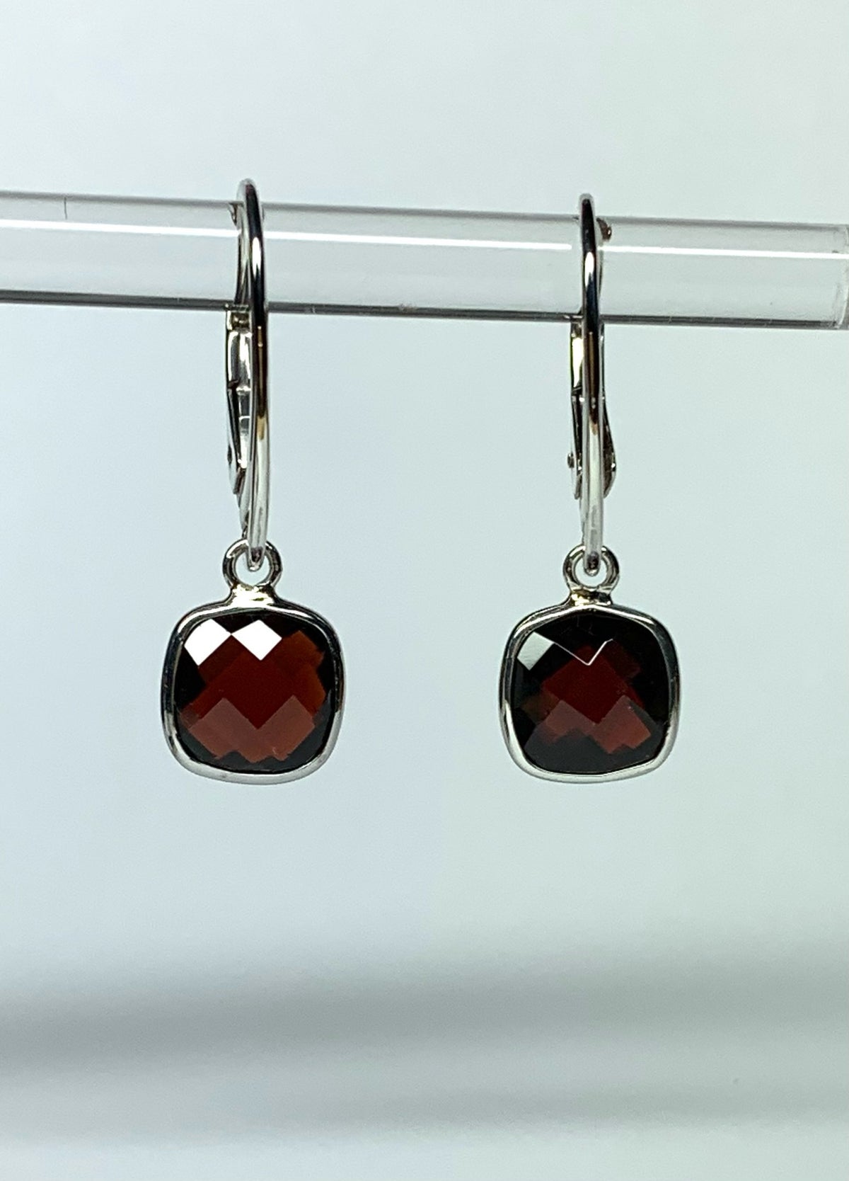 “Cushion”, 925 Sterling Silver, Red Garnet Gemstone Mini Drop Earrings