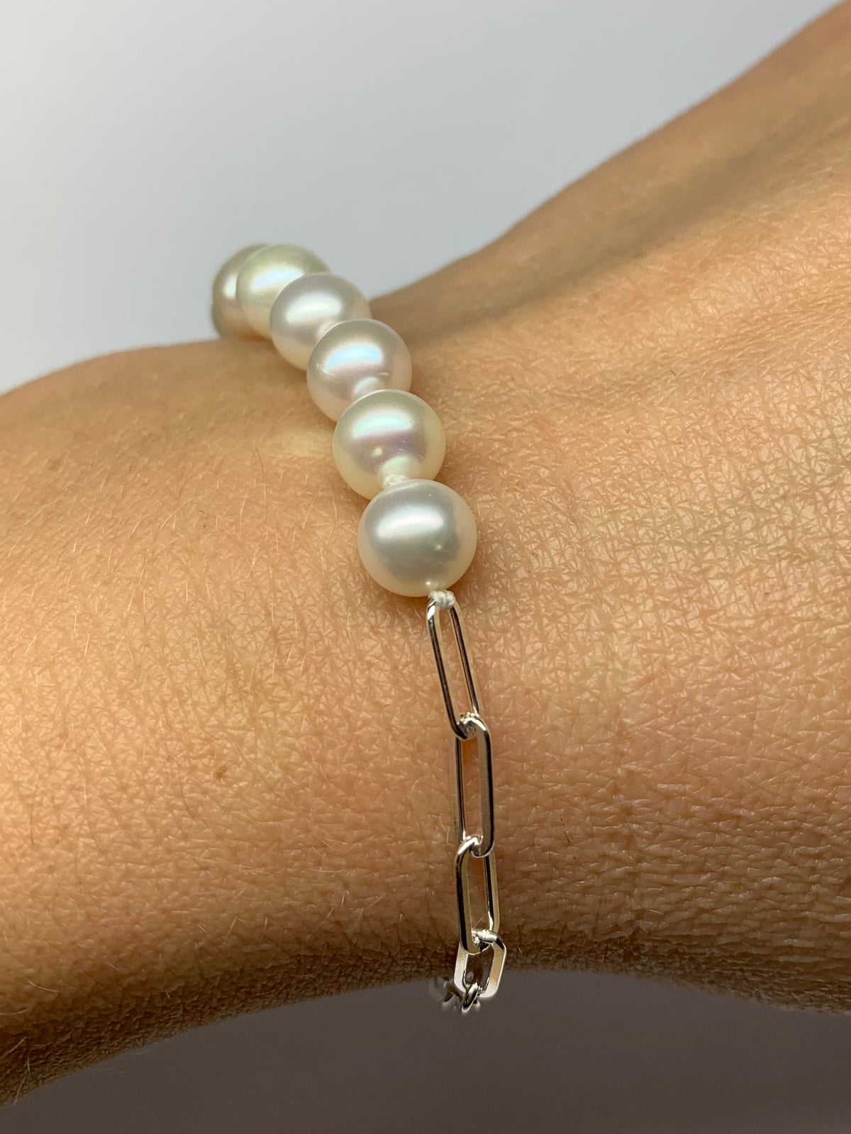 “Nalf and Half” Bracelet, 925 Sterling Silver Paperclip Chain, White Pearls
