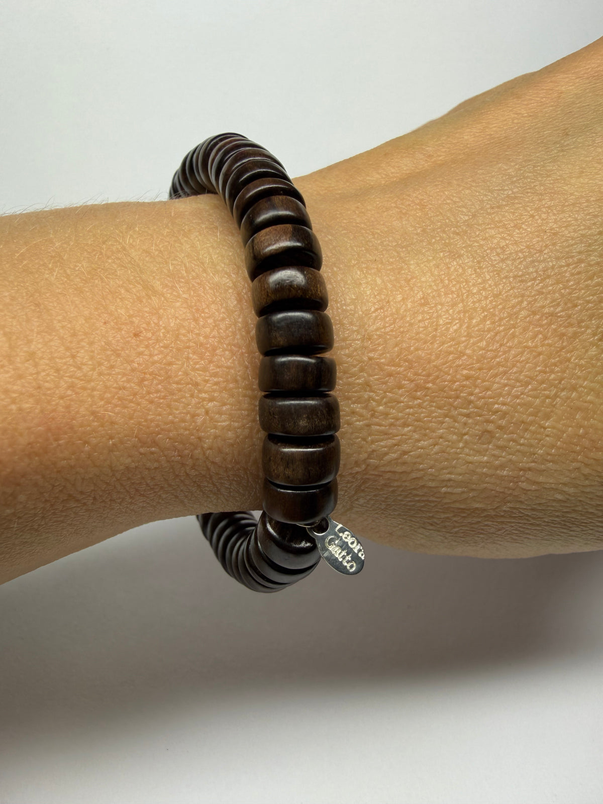 Bracelet, 925 Sterling Silver, Natural Wood, Stretchy