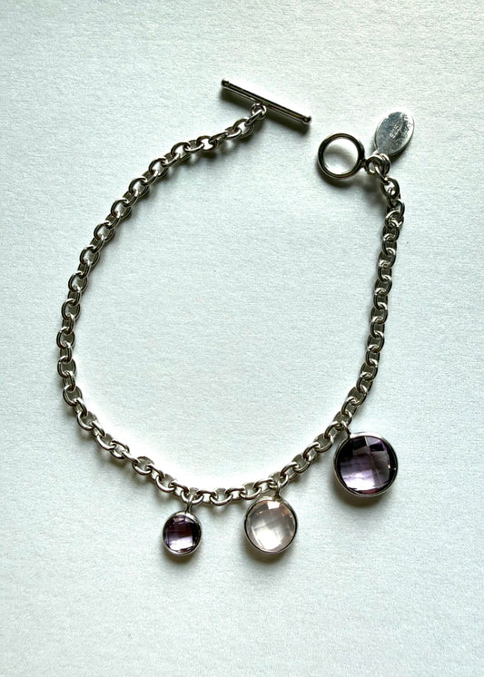 Pink Amethyst, Rose Quartz Drop, 925 Sterling Silver Bracelet
