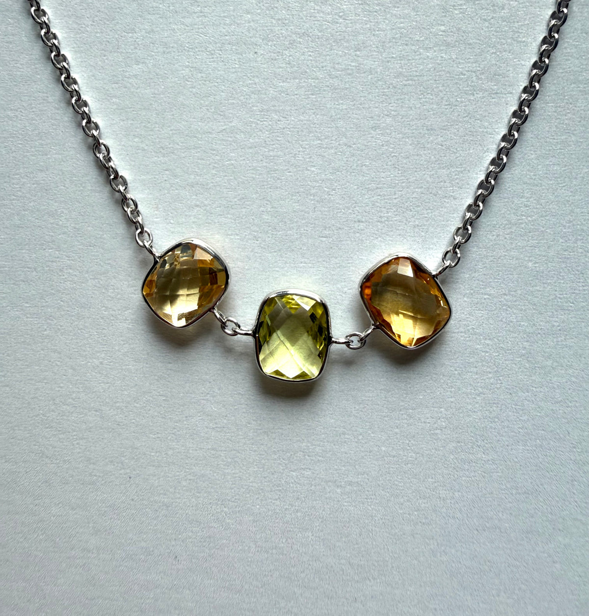 Citrine, Lemon Quartz “Cushions”, 925 Sterling Silver Necklace