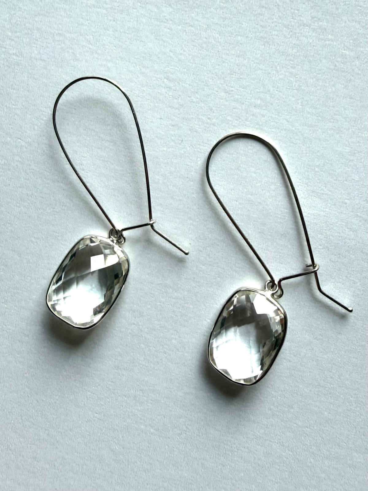 Clear Quartz “Cushions”, 925 Sterling Silver Long Earrings