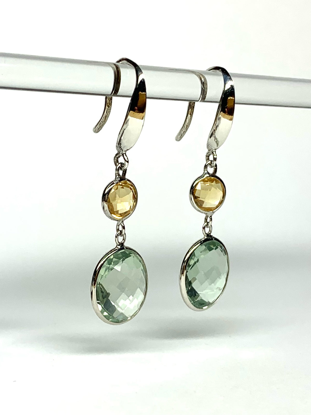 925 Sterling Silver, Yellow Citrine, Green Amethyst Drop Earrings