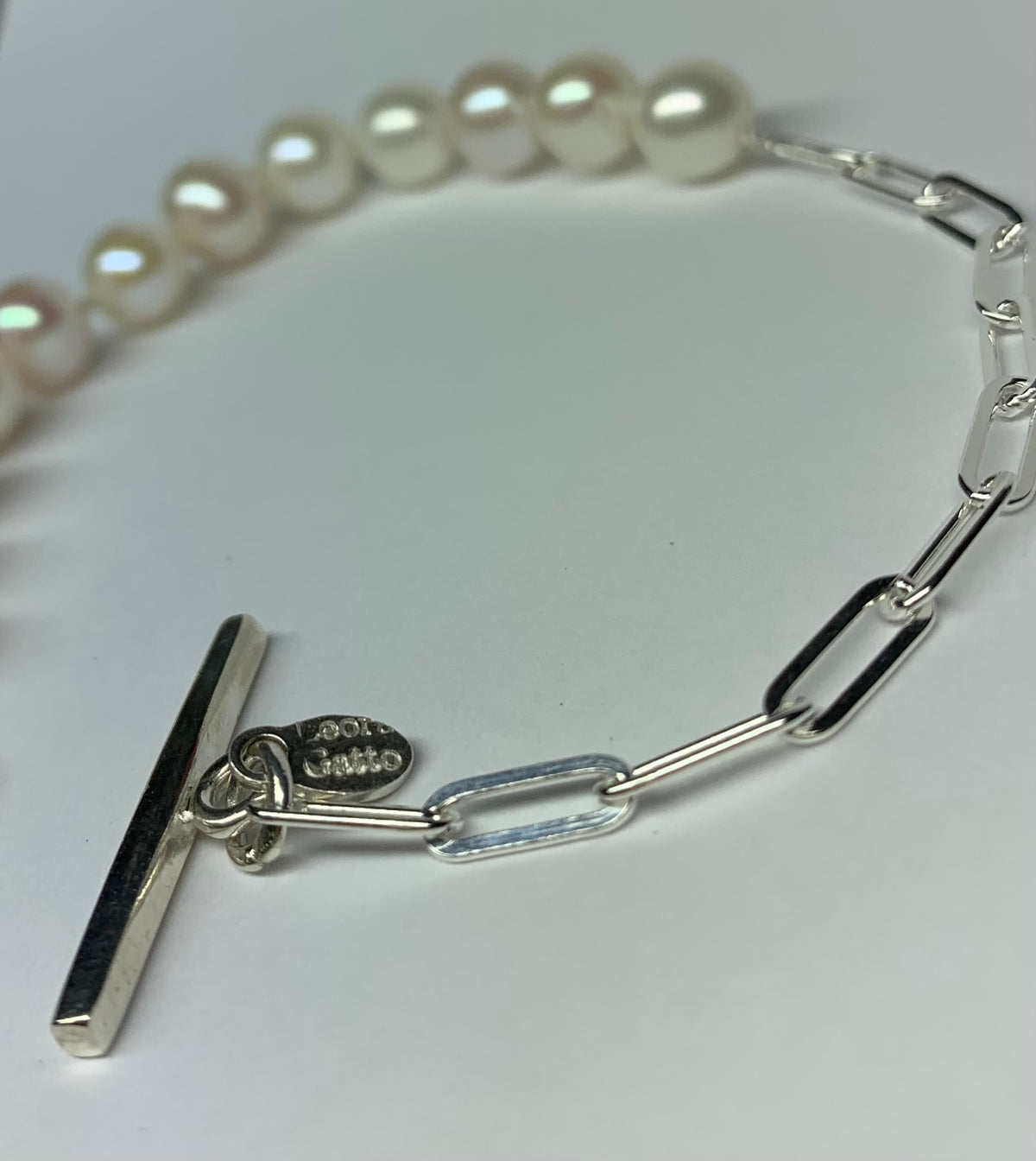 “Nalf and Half” Bracelet, 925 Sterling Silver Paperclip Chain, White Pearls