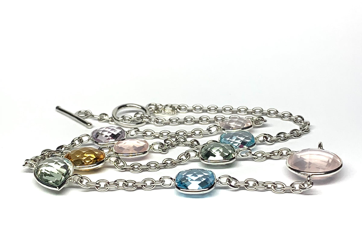 “Flora” Necklace, 925 Sterling Silver, Multi Color Gemstones, Blue Topaz, Citrine, Rose Quartz, Pink Amethyst, Green Amethyst