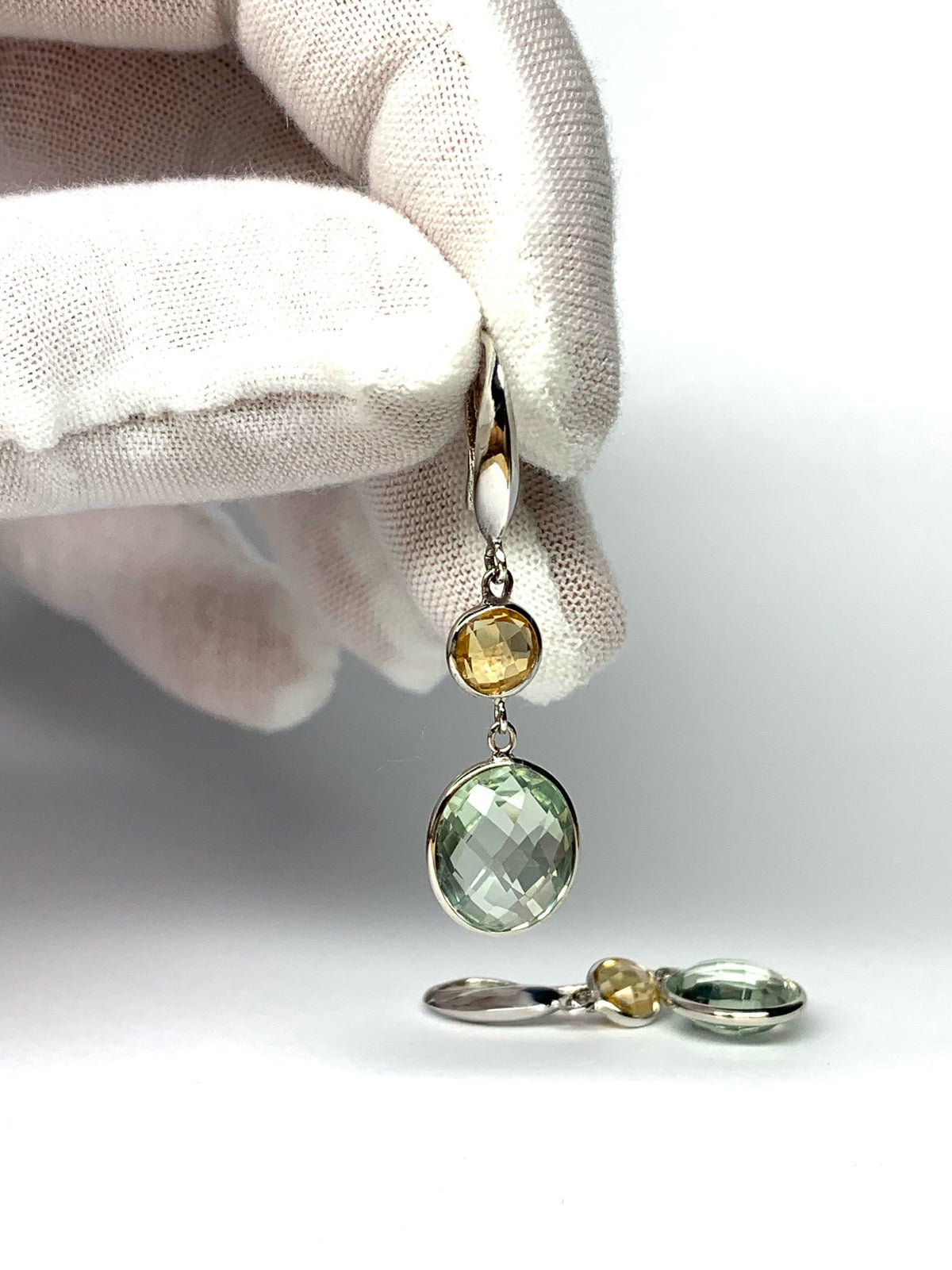 925 Sterling Silver, Yellow Citrine, Green Amethyst Drop Earrings
