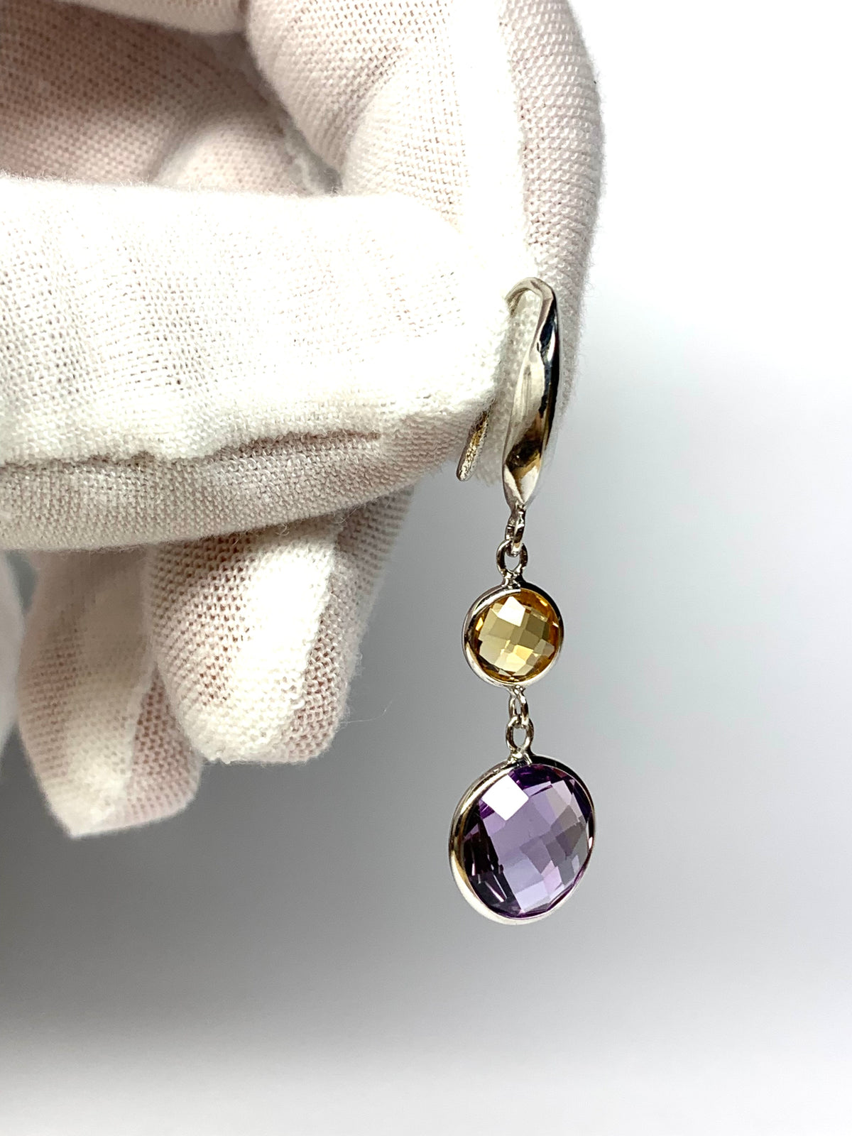 925 Sterling Silver, Yellow Citrine, Purple Amethyst Drop Earrings