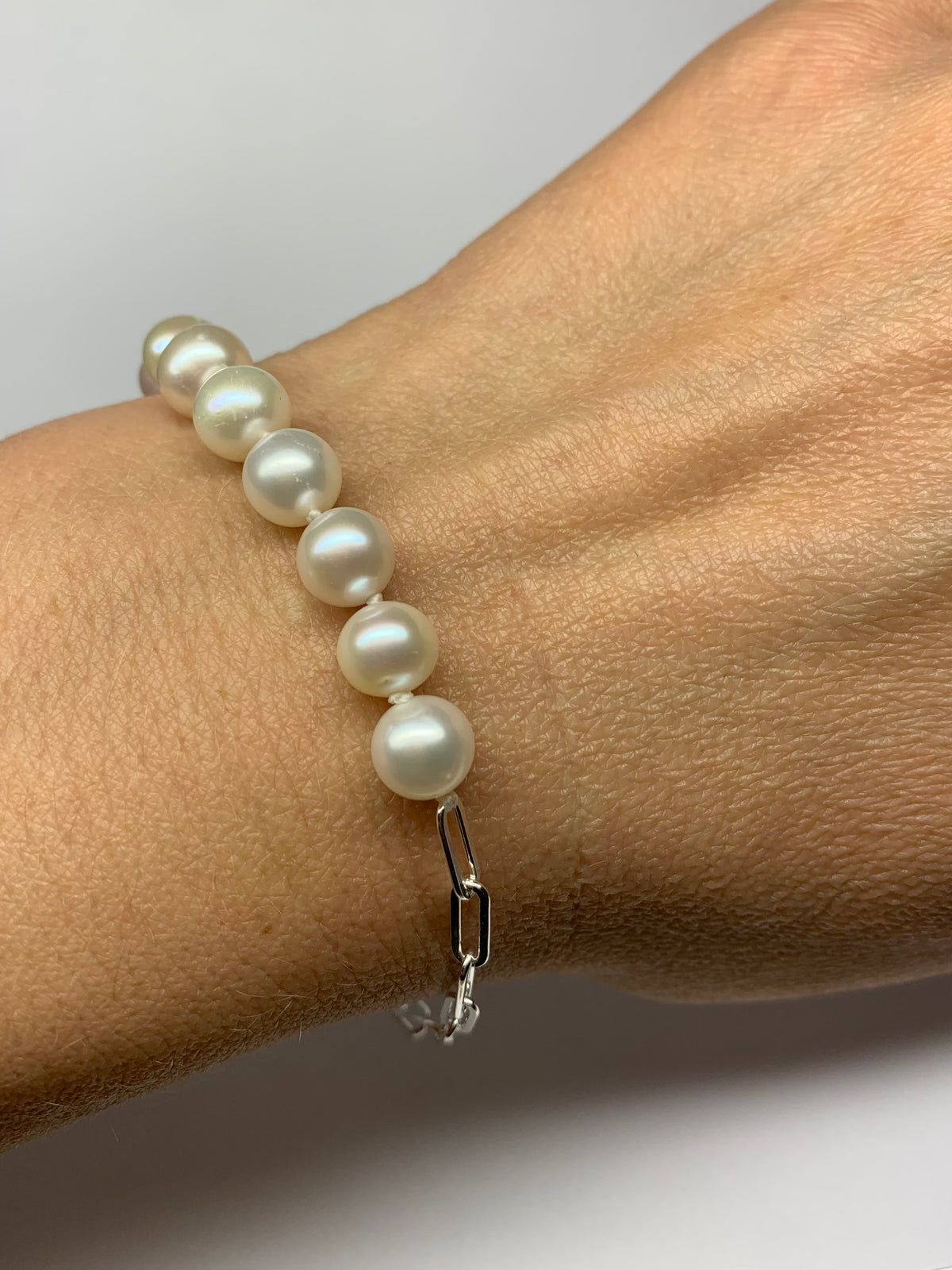 “Nalf and Half” Bracelet, 925 Sterling Silver Paperclip Chain, White Pearls