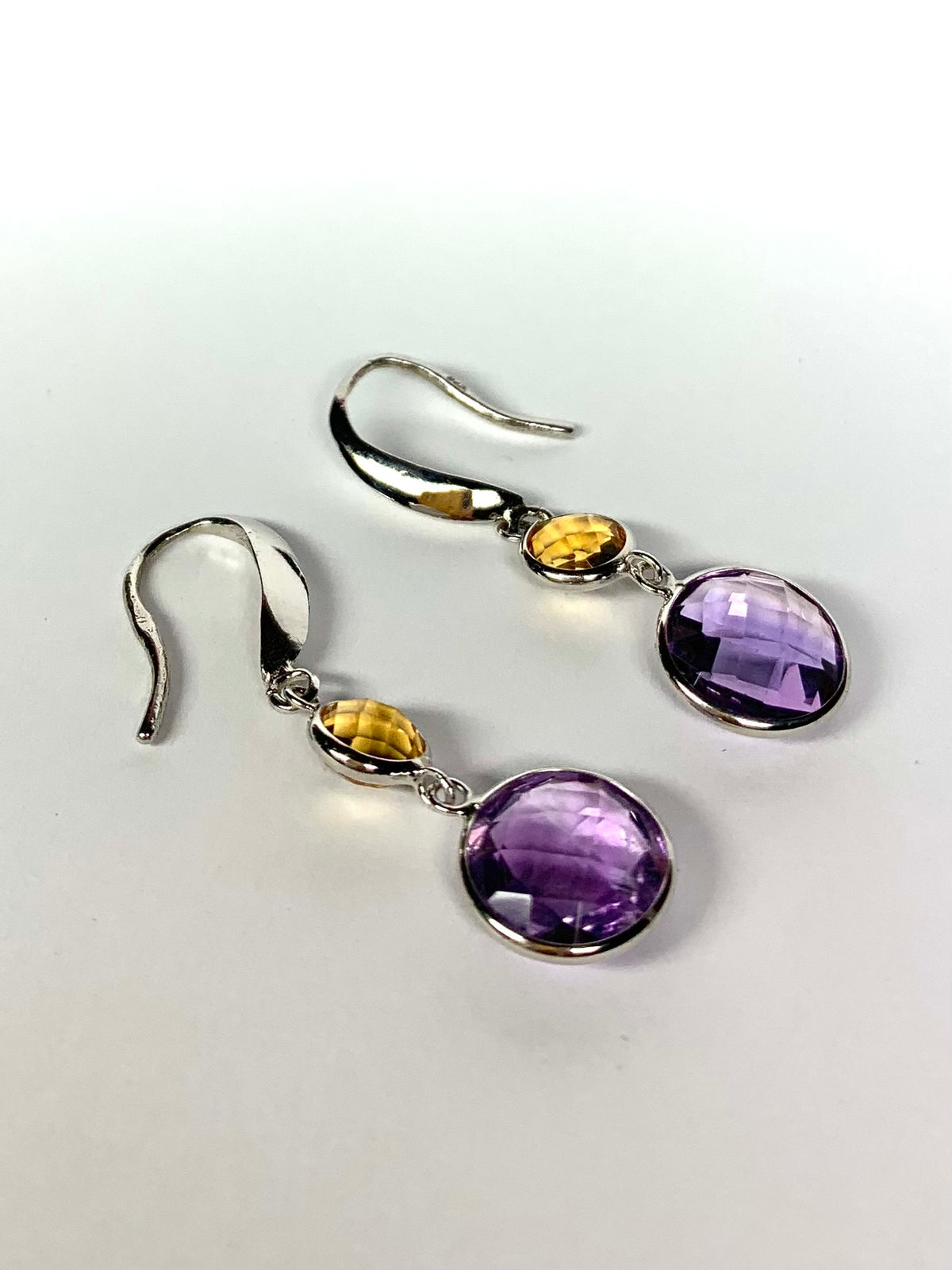 925 Sterling Silver, Yellow Citrine, Purple Amethyst Drop Earrings