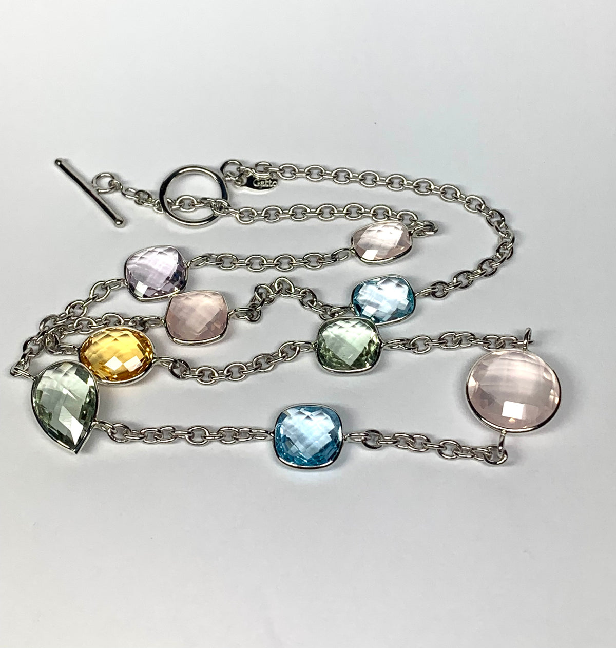 “Flora” Necklace, 925 Sterling Silver, Multi Color Gemstones, Blue Topaz, Citrine, Rose Quartz, Pink Amethyst, Green Amethyst