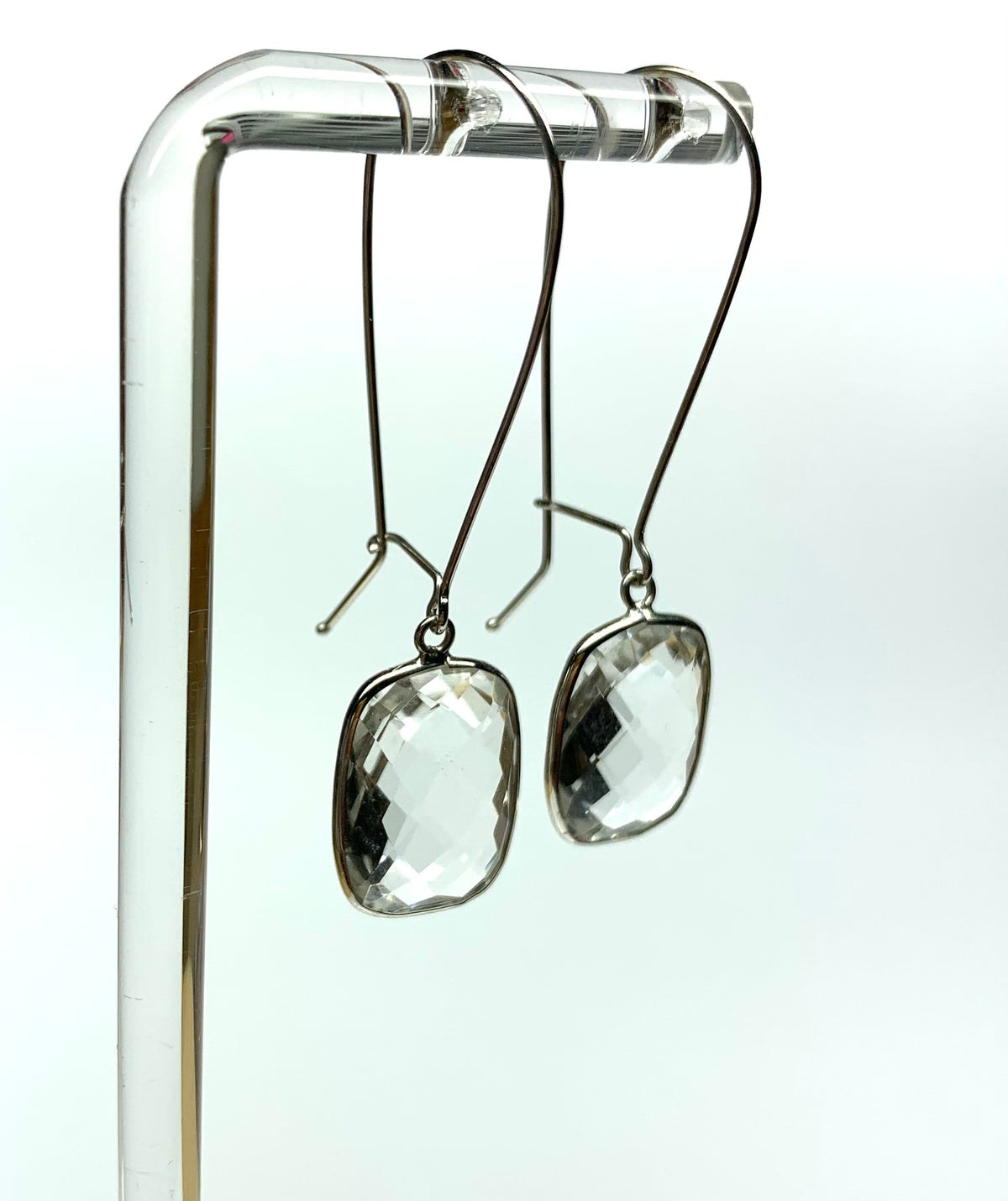 Clear Quartz “Cushions”, 925 Sterling Silver Long Earrings
