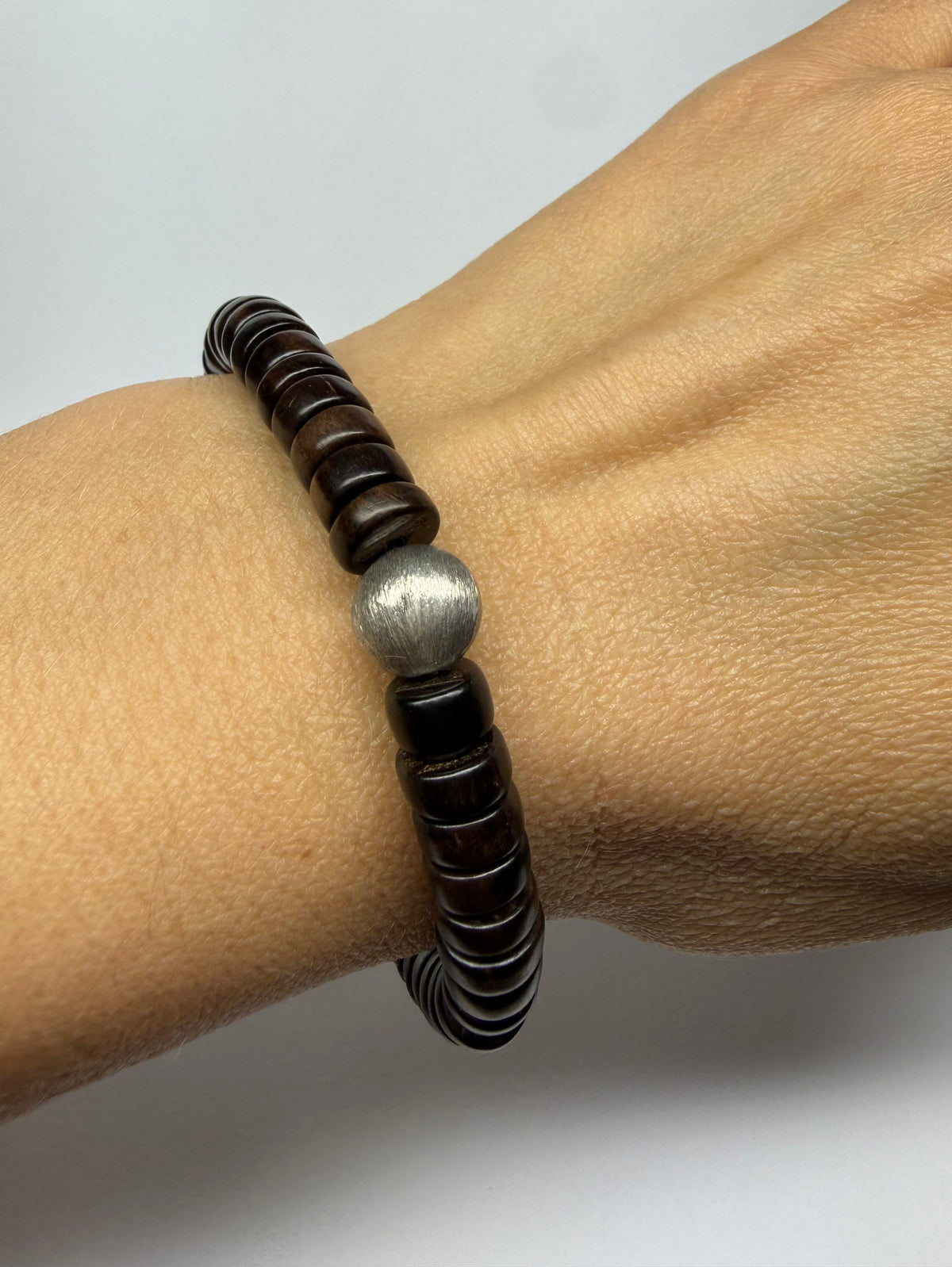 Bracelet, 925 Sterling Silver, Natural Wood, Stretchy