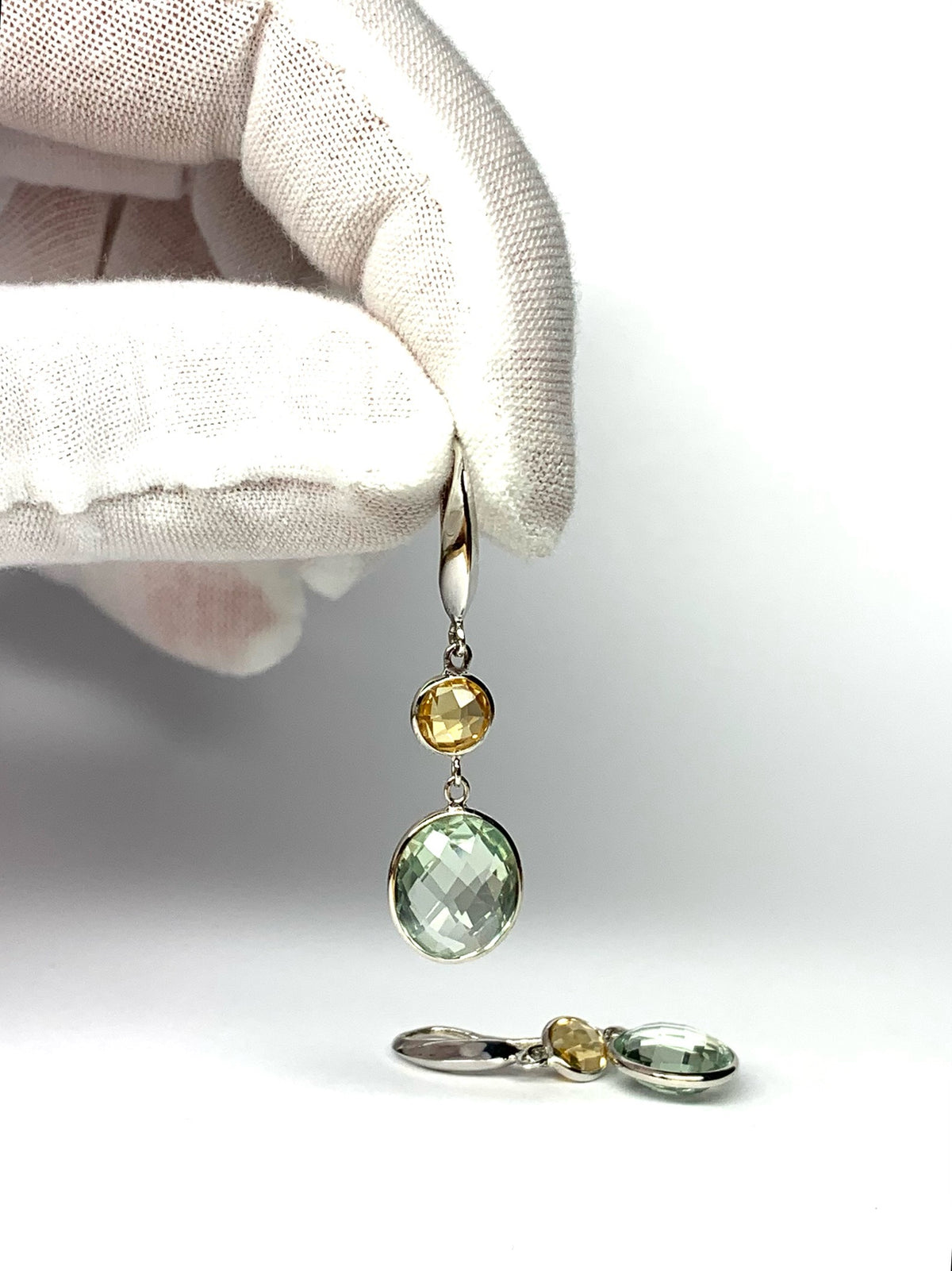 925 Sterling Silver, Yellow Citrine, Green Amethyst Drop Earrings