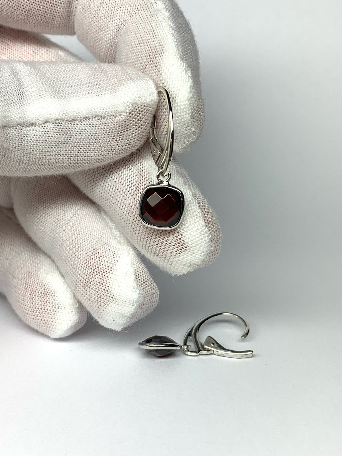 “Cushion”, 925 Sterling Silver, Red Garnet Gemstone Mini Drop Earrings
