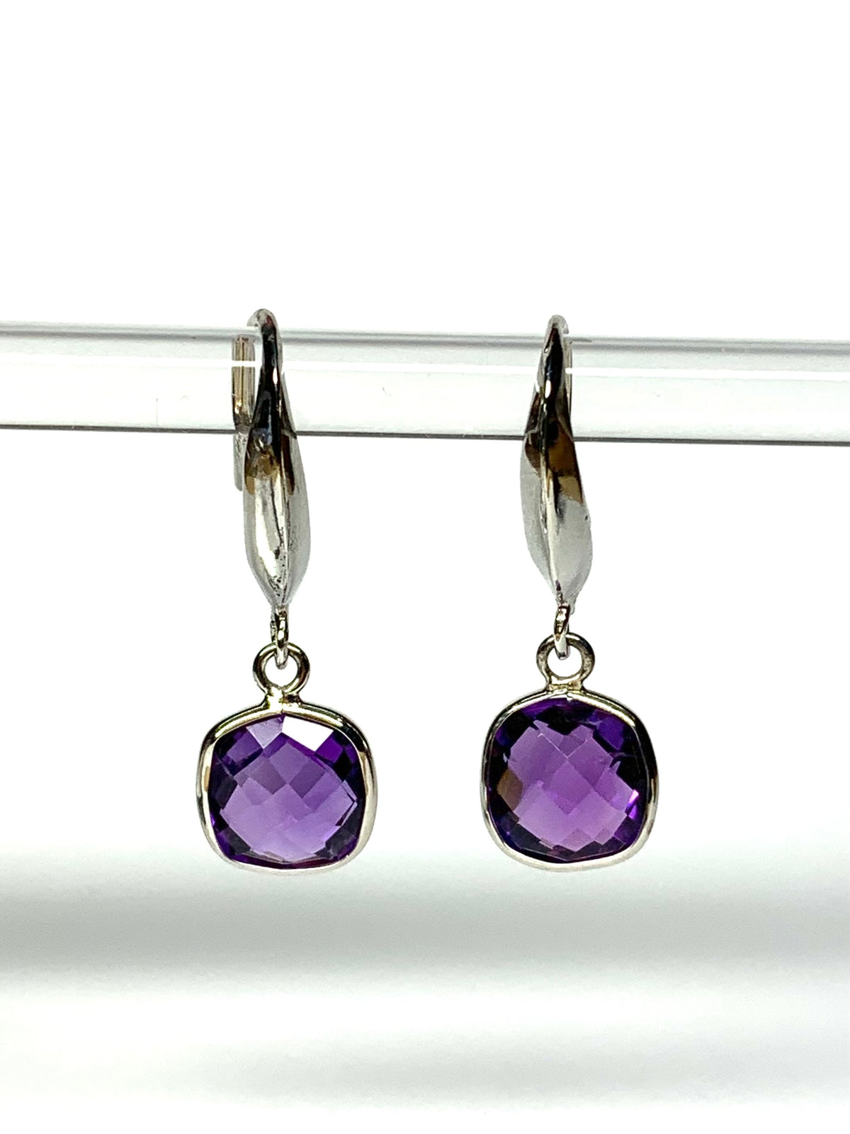 925 Sterling Silver, Purple Amethyst Cushion Earrings