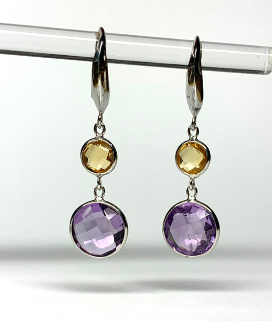925 Sterling Silver, Yellow Citrine, Purple Amethyst Drop Earrings