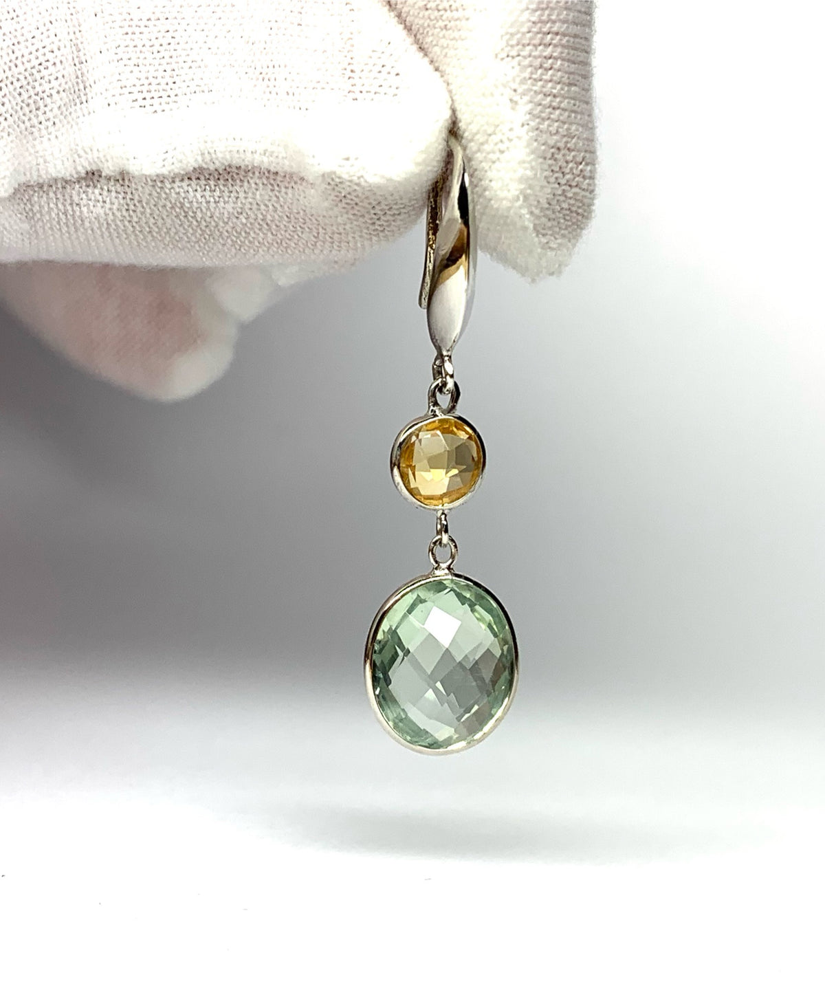 925 Sterling Silver, Yellow Citrine, Green Amethyst Drop Earrings